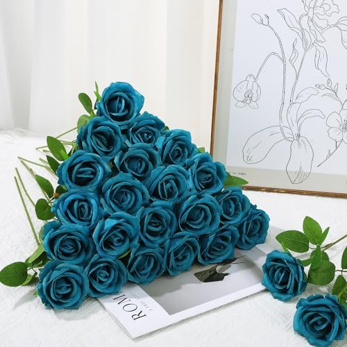 36 Pcs Teal Artificial Roses with Long Stems in Teal, alternate view 4