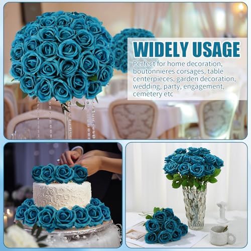 36 Pcs Teal Artificial Roses with Long Stems in Teal, alternate view 6