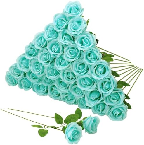 36 Pcs Turquoise Artificial Roses with Long Stems in Turquoise