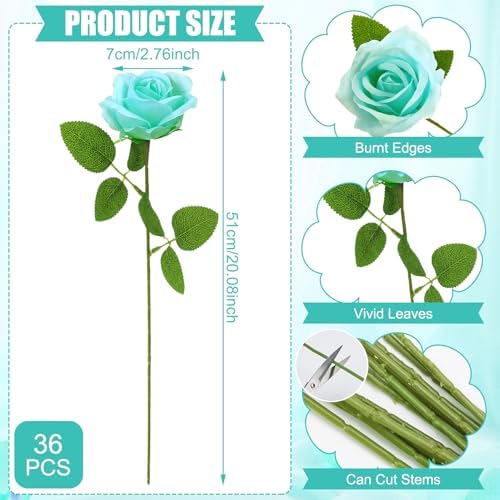 36 Pcs Turquoise Artificial Roses with Long Stems in Turquoise, alternate view 2