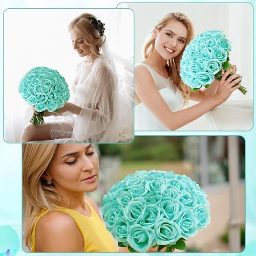 36 Pcs Turquoise Artificial Roses with Long Stems in Turquoise, alternate view 3