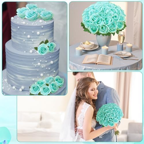 36 Pcs Turquoise Artificial Roses with Long Stems in Turquoise, alternate view 4