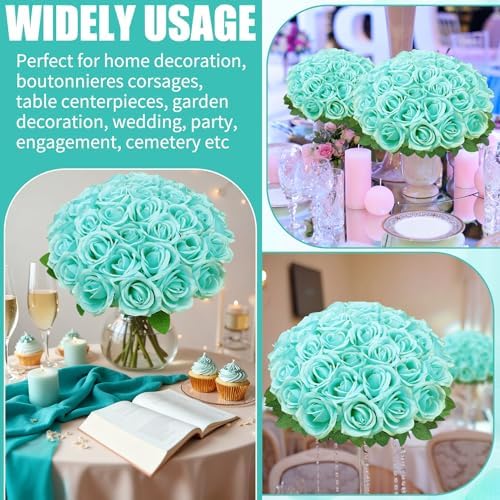36 Pcs Turquoise Artificial Roses with Long Stems in Turquoise, alternate view 6