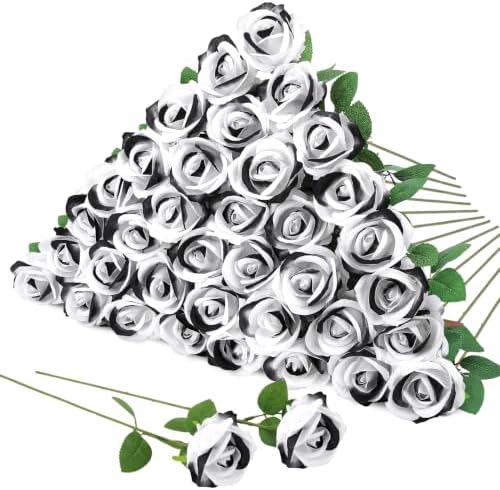 36 Pcs Velvet Texture Black White Artificial Halloween Fake Flower in Black, White