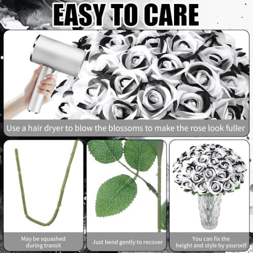 36 Pcs Velvet Texture Black White Artificial Halloween Fake Flower in Black, White, alternate view 3
