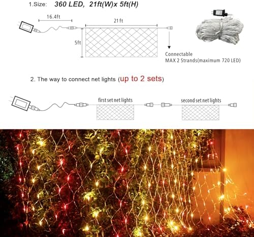 360 LED Net Lights, 21ft x 5ft Colorful Christmas Mesh Lights Clear Wire 8 Modes, Connectable Waterproof String, alternate