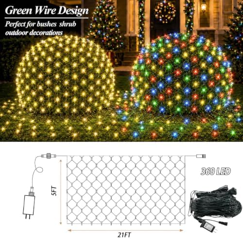 360 LED Net Lights Dual Color Changing, 21ft x 5ft Christmas Net Lights Outdoor Green Wire 11 Modes, Waterproof, alternate