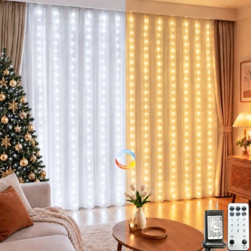 360LED Curtain Lights Dual Colors, 10ft x 10ft Curtain Fairy Lights, Connectable String Lights with Remote