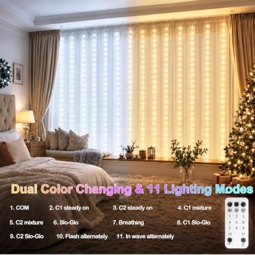 360LED Curtain Lights Dual Colors, 10ft x 10ft Curtain Fairy Lights, Connectable String Lights with Remote, alternate view 2