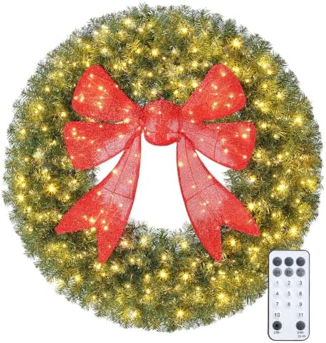 36in Flocked Pre-Lit Artificial Christmas Wreath with 3D Red Bow