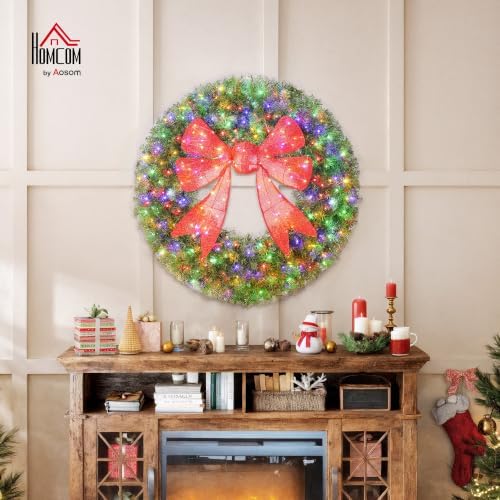 36in Flocked Pre-Lit Artificial Christmas Wreath with 3D Red Bow, alternate view 2