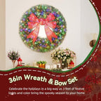 36in Flocked Pre-Lit Artificial Christmas Wreath with 3D Red Bow, alternate view 3