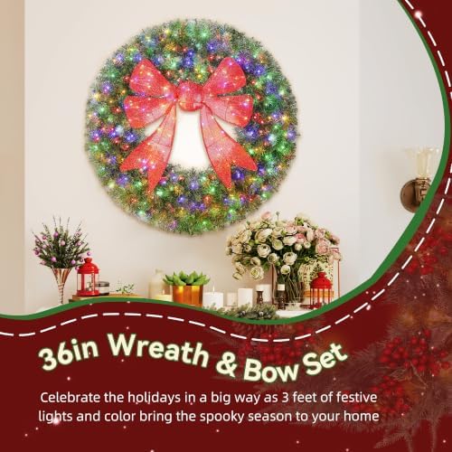 36in Flocked Pre-Lit Artificial Christmas Wreath with 3D Red Bow, alternate view 3