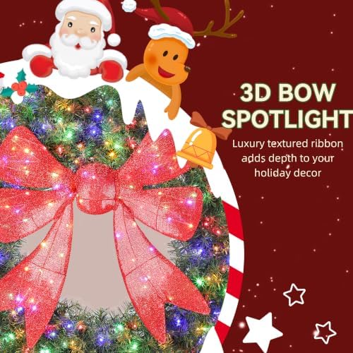 36in Flocked Pre-Lit Artificial Christmas Wreath with 3D Red Bow, alternate view 5