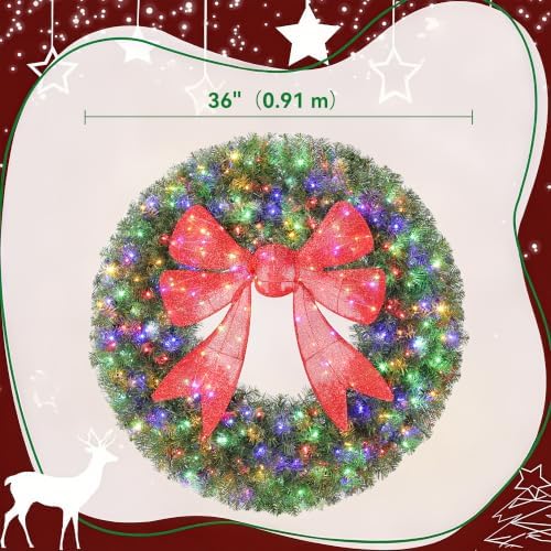 36in Flocked Pre-Lit Artificial Christmas Wreath with 3D Red Bow, alternate view 7