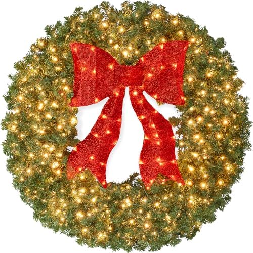 36in Large Artificial Pre-Lit Fir Christmas Wreath Holiday Accent Decoration for Door, Mantel w/Red Lighted Bow