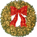 36in Large Artificial Pre-Lit Fir Christmas Wreath Holiday Accent Decoration for Door, Mantel w/Red Lighted Bow