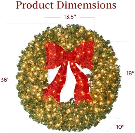 36in Large Artificial Pre-Lit Fir Christmas Wreath Holiday Accent Decoration for Door, Mantel w/Red Lighted Bow, alternate