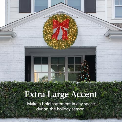 36in Large Artificial Pre-Lit Fir Christmas Wreath Holiday Accent Decoration for Door, Mantel w/Red Lighted Bow, alternate