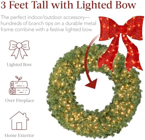 36in Large Artificial Pre-Lit Fir Christmas Wreath Holiday Accent Decoration for Door, Mantel w/Red Lighted Bow, alternate