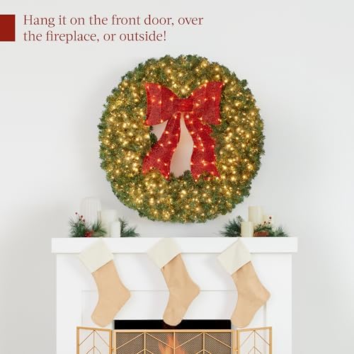 36in Large Artificial Pre-Lit Fir Christmas Wreath Holiday Accent Decoration for Door, Mantel w/Red Lighted Bow, alternate