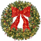 36in Pre-Lit Christmas Wreath w/Berries & Pinecones, Large Artificial Indoor/Outdoor Decor for Door, Mantel