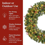 36in Pre-Lit Christmas Wreath w/Berries & Pinecones, Large Artificial Indoor/Outdoor Decor for Door, Mantel, alternate view 7