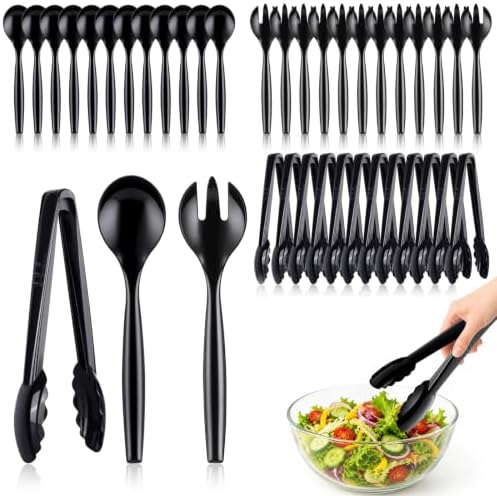 36Pc Plastic Serving Utensils Set Disposable Tong Spoon for Buffet in Black