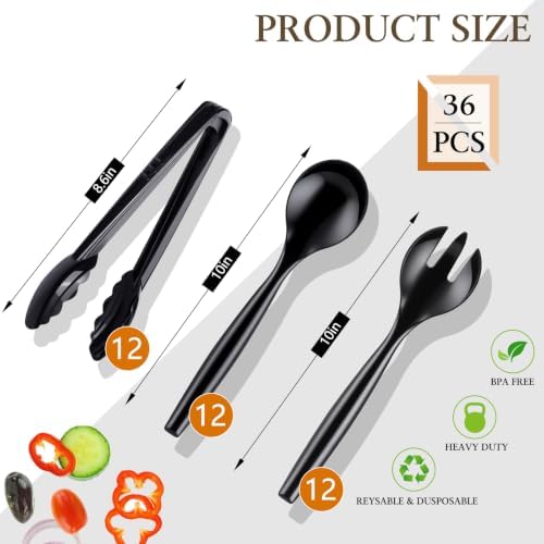 36Pc Plastic Serving Utensils Set Disposable Tong Spoon for Buffet in Black, alternate view 4