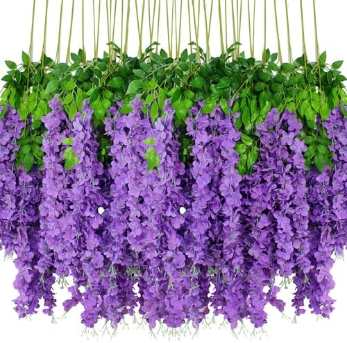 36pcs Artificial Wisteria Flowers 3.6 Feet/Piece Purple Dense Artificial Fake Wisteria Vine Ratta Hanging