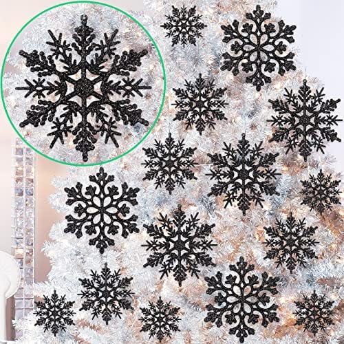 36pcs Black Christmas Snowflake Ornaments, Plastic Glitter Hanging Snow Flakes for Christmas Tree Decorations