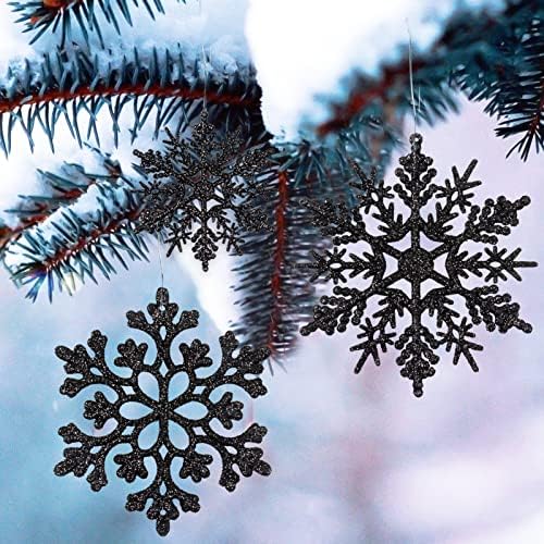 36pcs Black Christmas Snowflake Ornaments, Plastic Glitter Hanging Snow Flakes for Christmas Tree Decorations, alternate view