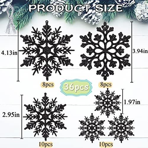 36pcs Black Christmas Snowflake Ornaments, Plastic Glitter Hanging Snow Flakes for Christmas Tree Decorations, alternate view