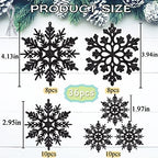 36pcs Black Christmas Snowflake Ornaments, Plastic Glitter Hanging Snow Flakes for Christmas Tree Decorations, alternate view