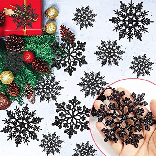 36pcs Black Christmas Snowflake Ornaments, Plastic Glitter Hanging Snow Flakes for Christmas Tree Decorations, alternate view