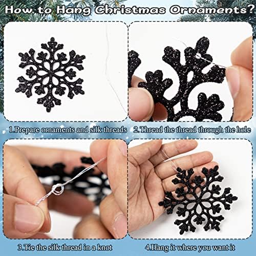 36pcs Black Christmas Snowflake Ornaments, Plastic Glitter Hanging Snow Flakes for Christmas Tree Decorations, alternate view
