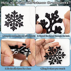 36pcs Black Christmas Snowflake Ornaments, Plastic Glitter Hanging Snow Flakes for Christmas Tree Decorations, alternate view
