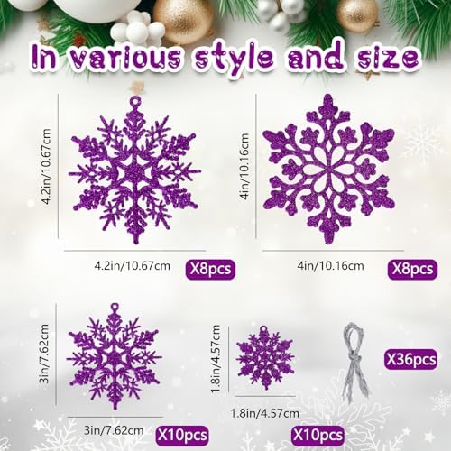 36pcs Christmas Deep Purple Snowflake Ornaments, Plastic Dark Purple Snow Flakes Hanging Ornaments for Christmas, alternate