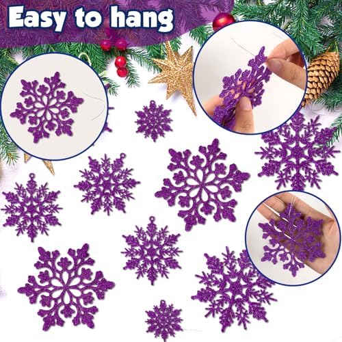 36pcs Christmas Deep Purple Snowflake Ornaments, Plastic Dark Purple Snow Flakes Hanging Ornaments for Christmas, alternate