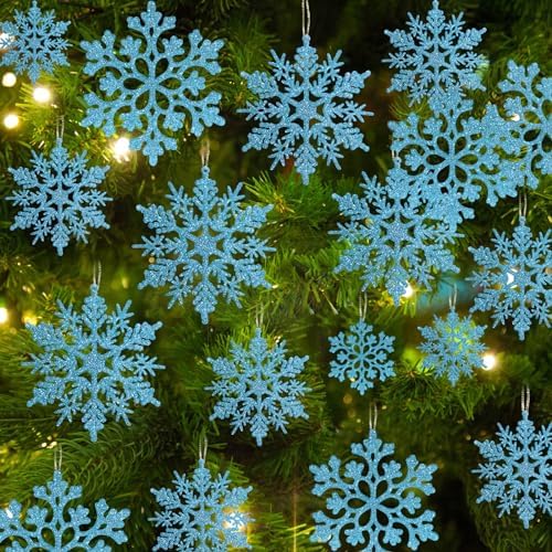 36pcs Christmas Light Blue Snowflake Ornaments Plastic Glitter Snow Flakes Ornaments for Winter Christmas Tree