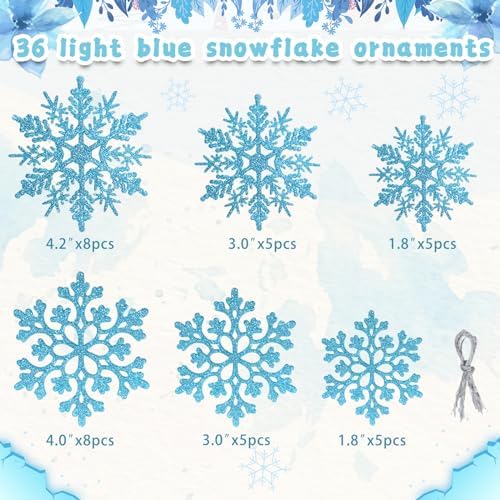 36pcs Christmas Light Blue Snowflake Ornaments Plastic Glitter Snow Flakes Ornaments for Winter Christmas Tree, alternate