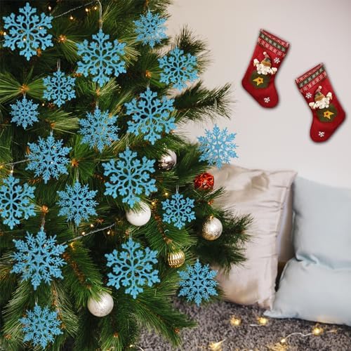 36pcs Christmas Light Blue Snowflake Ornaments Plastic Glitter Snow Flakes Ornaments for Winter Christmas Tree, alternate