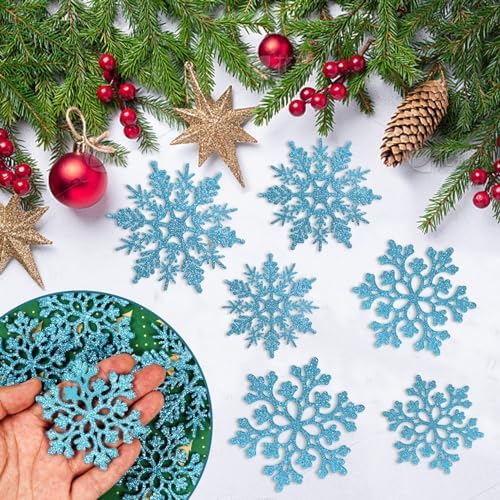36pcs Christmas Light Blue Snowflake Ornaments Plastic Glitter Snow Flakes Ornaments for Winter Christmas Tree, alternate