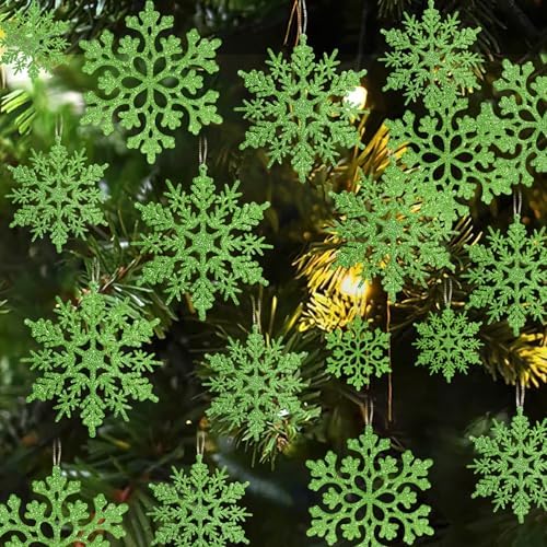 36pcs Christmas Lime Green Snowflake Ornaments, Plastic Lime Green Snow Flakes Hanging Ornaments for Christmas