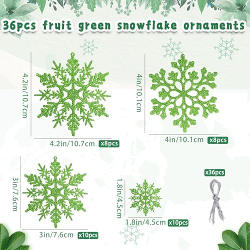 36pcs Christmas Lime Green Snowflake Ornaments, Plastic Lime Green Snow Flakes Hanging Ornaments for Christmas, alternate