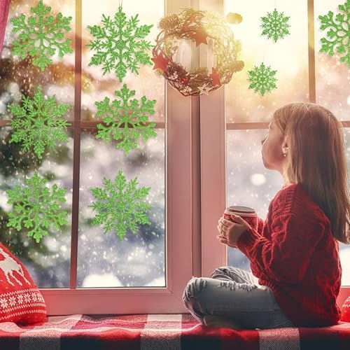 36pcs Christmas Lime Green Snowflake Ornaments, Plastic Lime Green Snow Flakes Hanging Ornaments for Christmas, alternate
