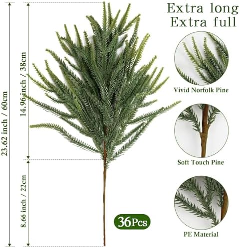 36Pcs Christmas Norfolk Pine Stems, Real Touch Branches, Greenery Picks, alternate view 2