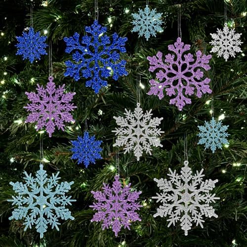 36pcs Light Purple Blue Silver Christmas Snowflake Ornaments, Plastic Glitter Hanging Snow Flakes for Christmas