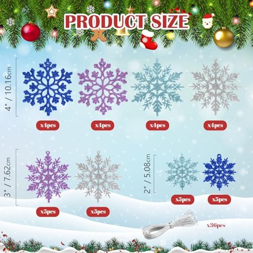 36pcs Light Purple Blue Silver Christmas Snowflake Ornaments, Plastic Glitter Hanging Snow Flakes for Christmas, alternate