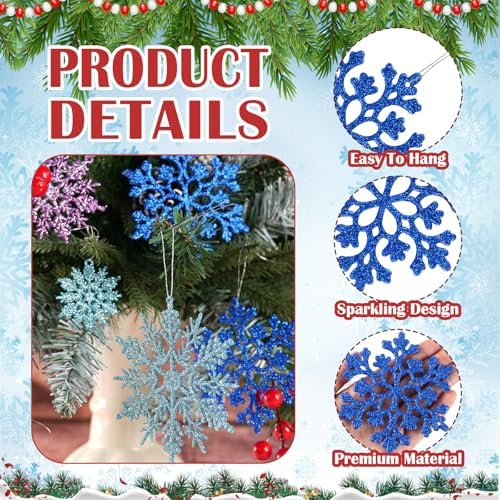 36pcs Light Purple Blue Silver Christmas Snowflake Ornaments, Plastic Glitter Hanging Snow Flakes for Christmas, alternate